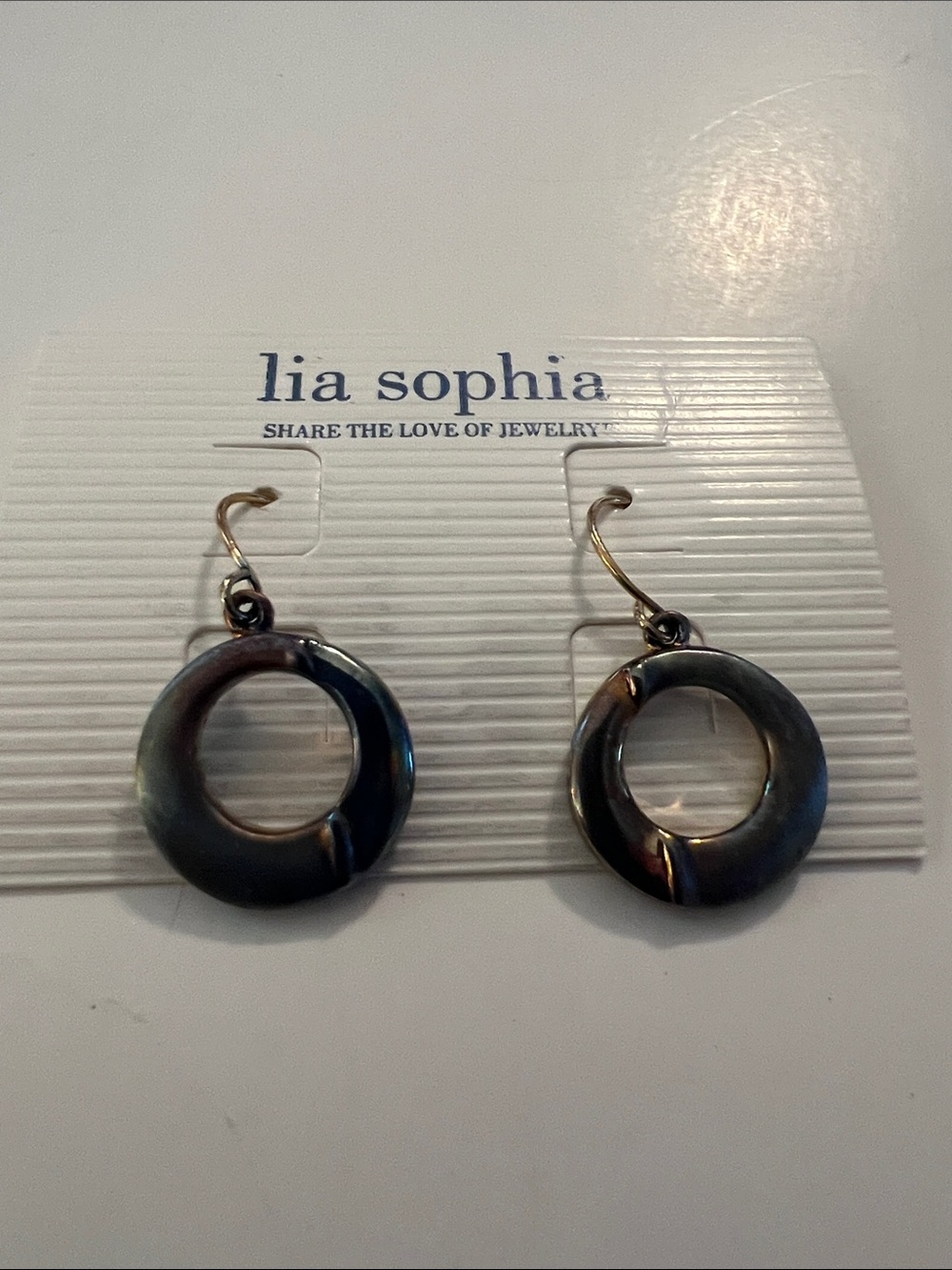 Vintage Lia Sophia Iridescent Donut Drop Earrings in Gray-Blue Sheen NWT